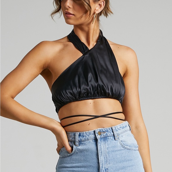 WeWoreWhat Tops - WeWoreWhat Danielle Bernstein High Neck Asymmetrical Halter Crop Top Black